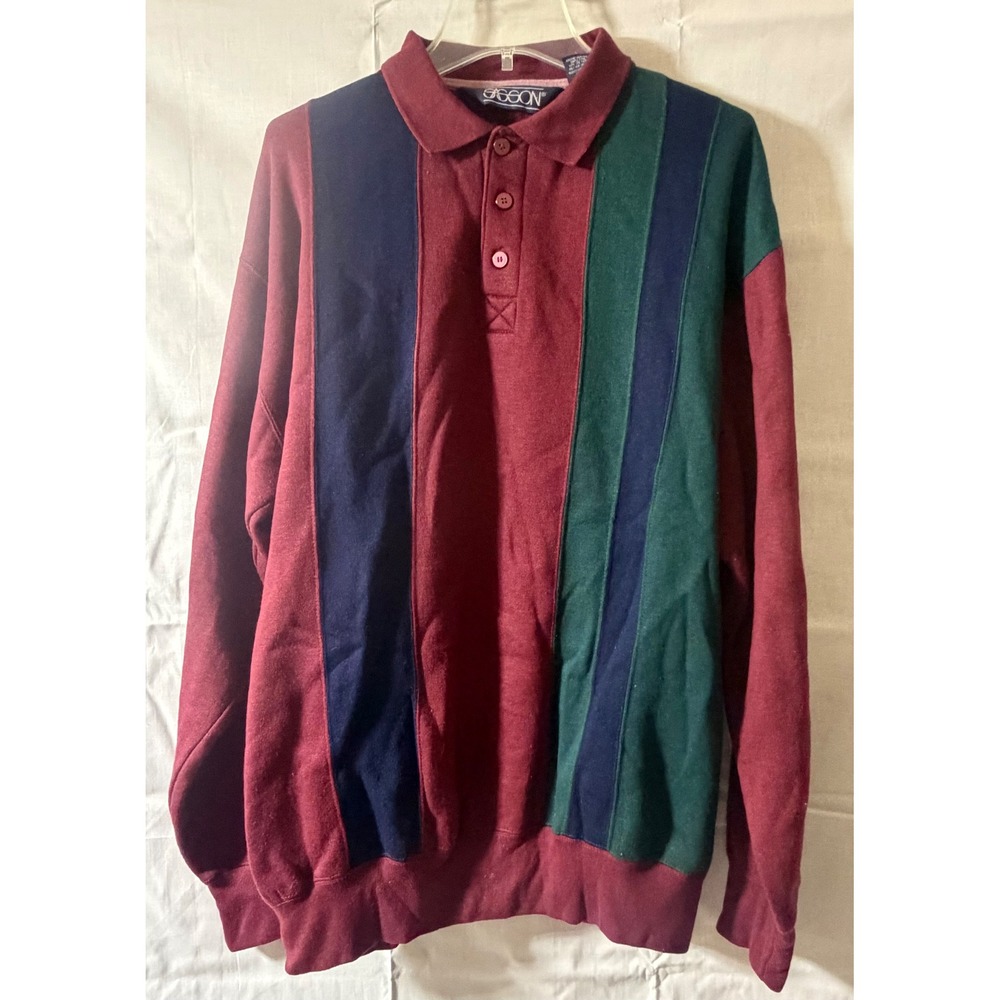 Sasson Mens XL Burgundy Green Blue Stripe Polo‎ Sweatshirt Vintage